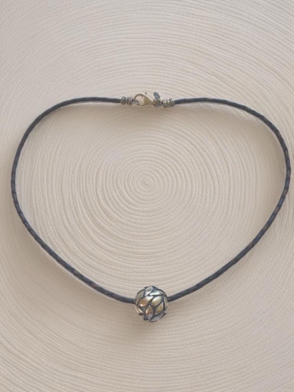 Sterling Silver Filigree Bead on Brown Braided Cord Necklace